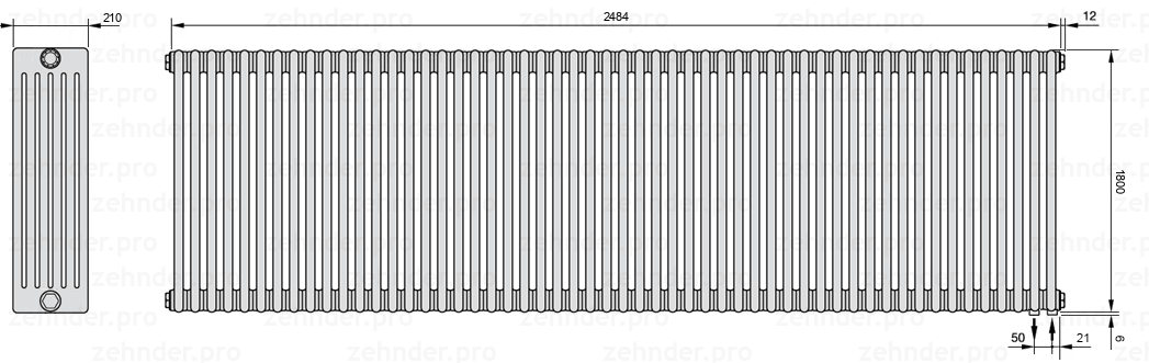 Схема (чертеж) Радиатор Zehnder Charleston 6180/54 №5510 Белый глянцевый RAL 9016